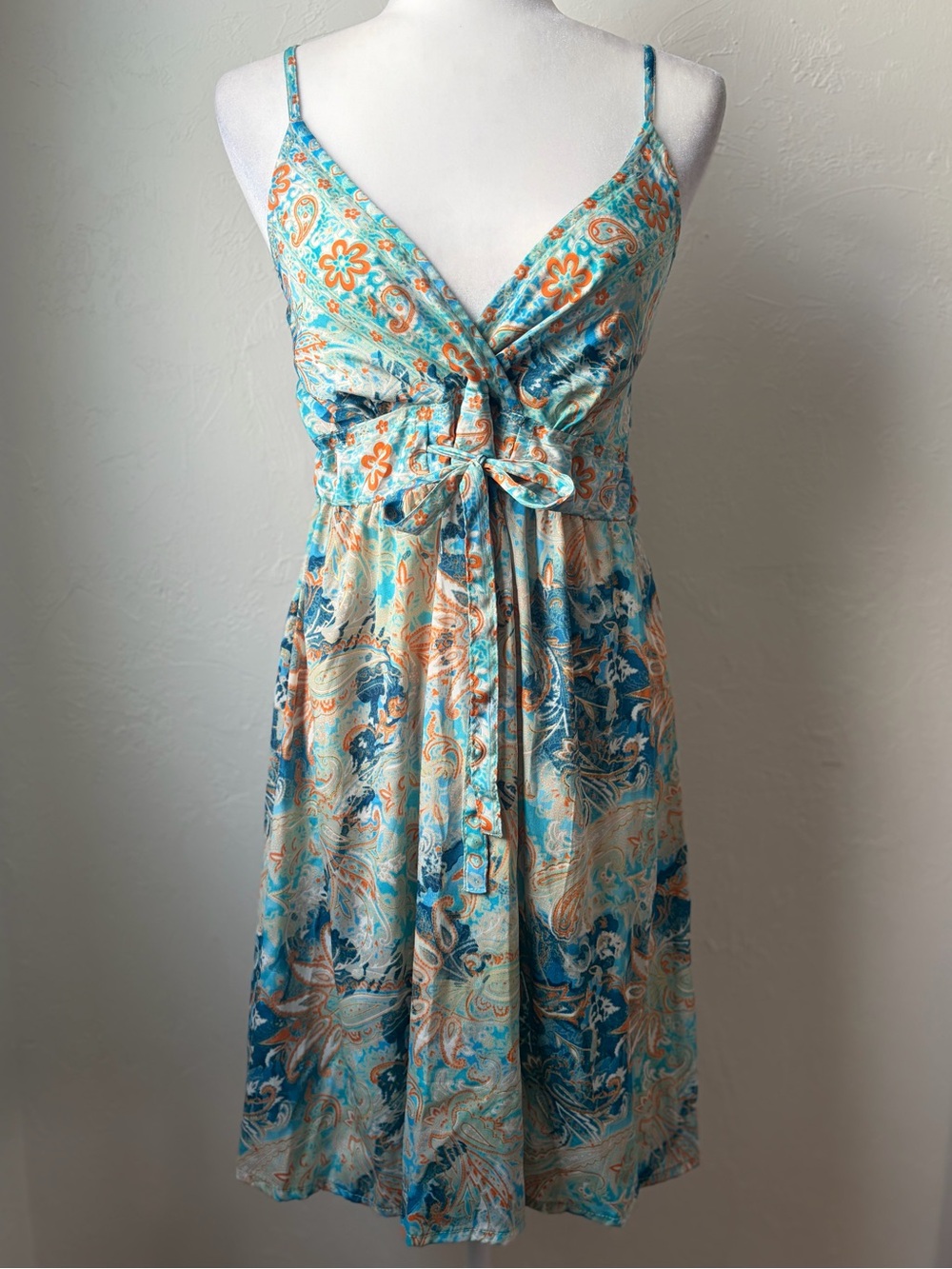 Boho Paisley Art Silk Smocked Tie Front Sundress Turquoise Orange M/L
